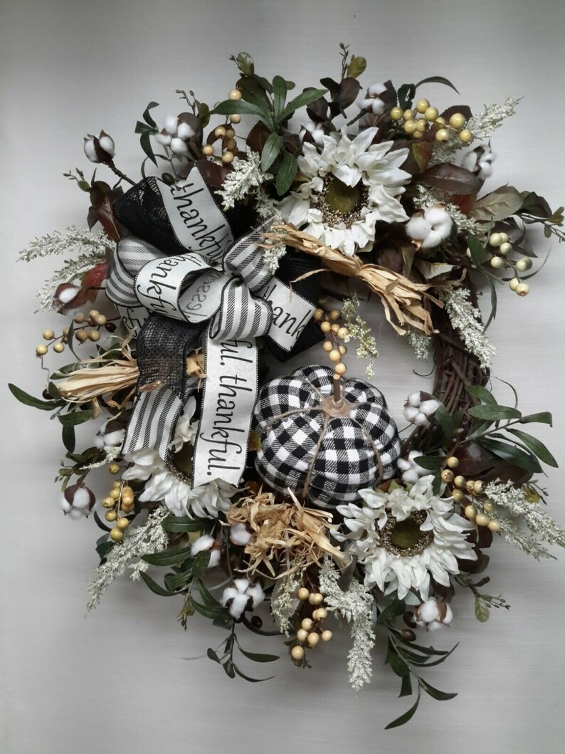 Fall Wreath Farmhouse Autumn Decor White Sunflower Country Style Thanksgiving