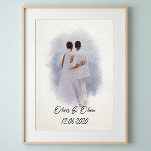 Watercolor Couple Portrait from Photo, Custom Wedding Anniversary Gift for Wife Husband Parents, Engagement Gift for Friend, Unique Wall Art