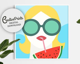 Summer Vibes, Cocktail Girl Illustration, Summer Vibe Illustration, Kawaii Fashion, Beach Girl, Girl with Sunglasses, Art Decor Print