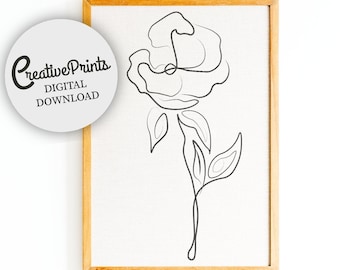 Arte de la línea botánica, dibujo de la línea de la planta, dibujo de la rosa imprimible, flor minimalista, decoración del hogar imprimible, cartel del arte digital