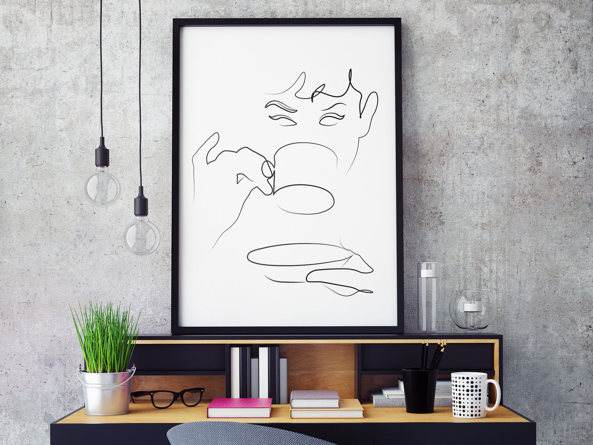 Coffee Cup One Line Art, Printable Woman Drinking Coffee, Printable Tea ...