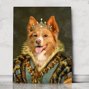 May include: A painting of a dog wearing a crown and a blue and gold robe. The dog has a white and brown coat and is looking directly at the viewer.