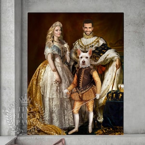 Koninklijke portretten, Renaissance jurk portret, aangepaste man vrouw huisdier portret, vaderdag paar portret koning koningin hond met kroon portret