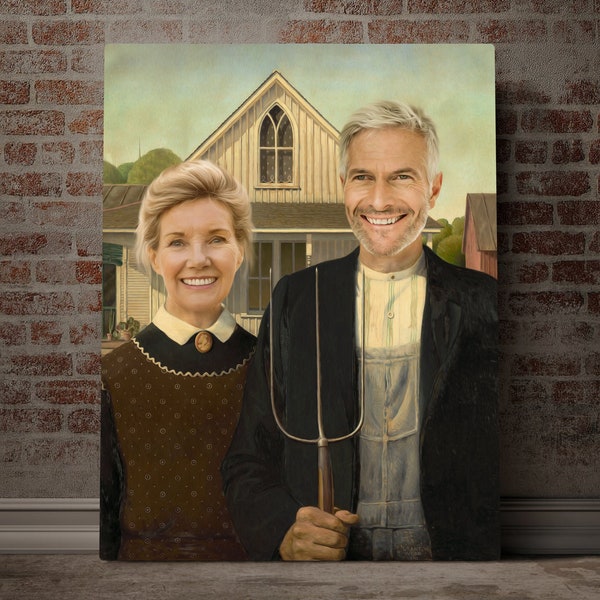 American Gothic Custom Portrait, Anniversary Gift Canvas Print, Gift For For Husband, Christmas couple Gift, Family Portrait, Mom And Dad