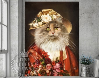 May include: A portrait of a cat wearing a large, wide-brimmed straw hat with white flowers and a red jacket, holding a bouquet of red and pink roses.