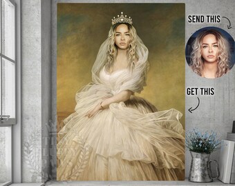 May include: A woman wearing a white gown and a crown with pearls, posed in a painting style with a gold background.