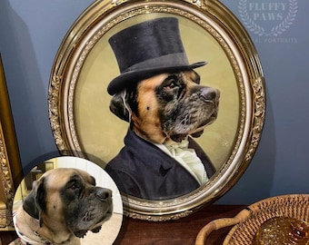 Custom Royal Pet Portrait, Top Hat Gentleman dog portrait, Pet in Suit, Black Tuxedo dog painting, royal cat portrait,Father&#39;s day gift idea
