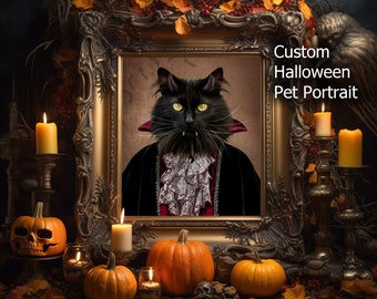 Custom Vampire Cat Portrait, Funny Halloween Pet Art