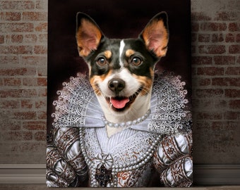 Ritratto personalizzato di un animale domestico reale su tela, arte rinascimentale per cani