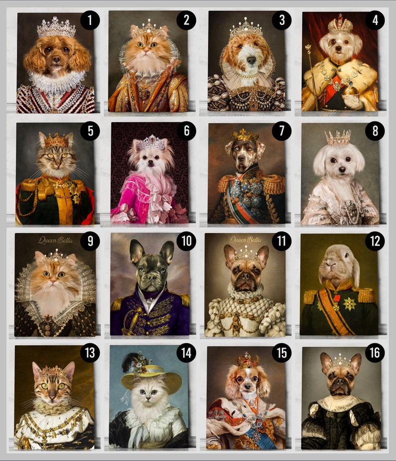 May include: A collage of 16 images featuring various pets dressed in royal attire. Each image is numbered and features a different animal, including cats, dogs, and a rabbit, wearing crowns, jewels, and elaborate clothing.