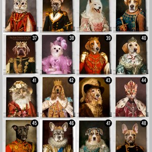 Pu&ograve; includere: Un collage di 16 immagini che mostrano vari animali domestici vestiti con abiti reali. Ogni animale indossa una corona e un abito regale, tra cui un gatto con una veste rossa e dorata, un cane con un'uniforme militare blu e dorata e un cane con un vestito rosa. Le immagini sono disposte in una griglia.