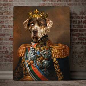 May include: A brown and white dog wearing a gold crown and a military uniform with gold trim and medals. The dog is looking directly at the viewer.