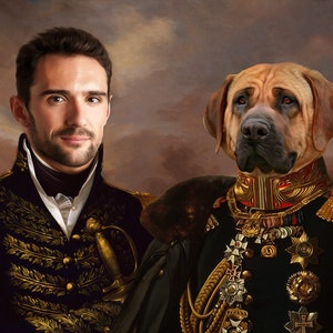 Custom Pet Portrait With Human, Royal Man Pet Portrait, Father&#39;s day ,Regal Set Of 2 Pets,Dog Portrait,Dog Loss Passed Away,King Queen Dog