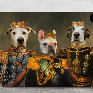 May include: Three dogs dressed in royal attire with gold crowns and ornate clothing. The dogs are a white and brown dog, a white and brown dog, and a white French bulldog. The dogs are posed in a regal manner, with the white and brown dogs standing on either side of the French bulldog. The background is a dark green and gold color.