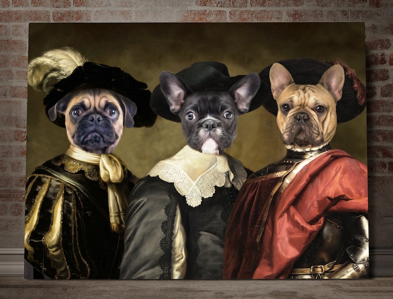 May include: Three dogs dressed in Renaissance-era clothing. A pug wearing a black hat with a feather, a black and white French bulldog wearing a black hat, and a fawn French bulldog wearing a red and gold hat and armor.