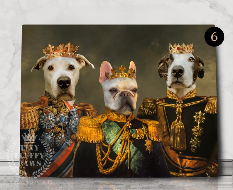 May include: Three dogs dressed in royal attire with gold crowns and ornate clothing. The dogs are a white and brown dog, a white and brown dog, and a white French bulldog. The dogs are posed in a regal manner, with the white and brown dogs standing on either side of the French bulldog. The background is a dark green and gold color.