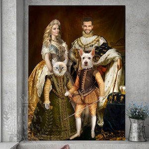 Royal Portraits, Portrait, Custom Man Woman Pet Portrait,Father&#39;s day Gift family Couple Portrait,King And Queen Dog cat With Crown Portrait