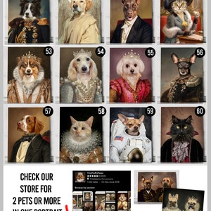 May include: A collage of 12 images featuring various pets dressed in royal attire. Each image is framed with a white border and numbered. The images are arranged in a grid of four rows and three columns. The text "CHECK OUR STORE FOR 2 PETS OR MORE IN ONE PORTRAIT" is displayed below the images. The text "Tiny FluffyPaws" is displayed in the lower right corner of the image.