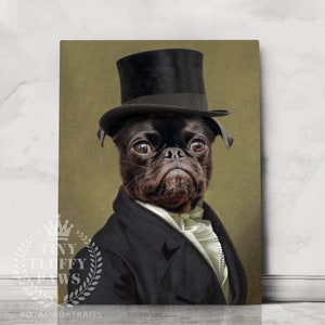 May include: A black pug wearing a black top hat and a black suit with a white bow tie. The dog is looking at the camera with a serious expression. The background is a green-brown color.