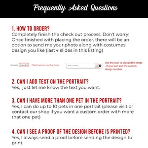 Pu&ograve; includere: Domande frequenti sull'ordinazione di ritratti personalizzati di animali domestici. Il testo include informazioni su come ordinare, aggiungere testo al ritratto, avere pi&ugrave; animali domestici nel ritratto e vedere una bozza prima della stampa.