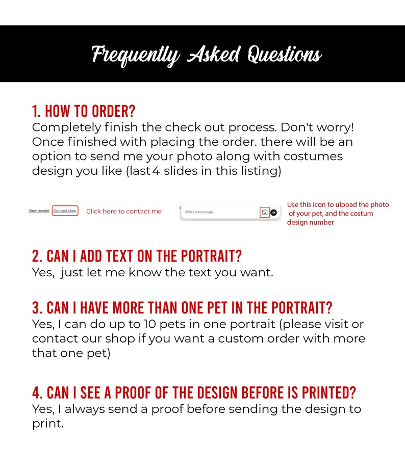 Pu&ograve; includere: Domande frequenti sull'ordinazione di ritratti personalizzati di animali domestici. Il testo include informazioni su come ordinare, aggiungere testo al ritratto, avere pi&ugrave; animali domestici nel ritratto e vedere una bozza prima della stampa.