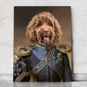 May include: A painting of a brown dog wearing a blue and gold military uniform. The dog has a serious expression and is looking directly at the viewer. The painting is in a realistic style and has a vintage feel.