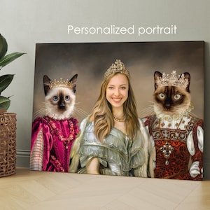 Custom mom pet portrait, two cats, family two dogs portrait, Multiple Three Pet Printable , Christmas Gift, Dog Passed Away, King Queen Pet