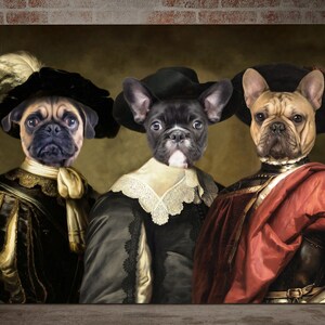 May include: Three dogs dressed in Renaissance-era clothing. A pug wearing a black hat with a feather, a French bulldog wearing a black hat with a lace collar, and a French bulldog wearing a red and gold outfit with a helmet.
