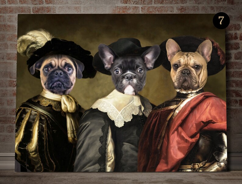May include: Three dogs dressed in Renaissance-era clothing. A pug wearing a black hat with a feather, a French bulldog wearing a black hat with a lace collar, and a French bulldog wearing a red and gold outfit with a helmet.