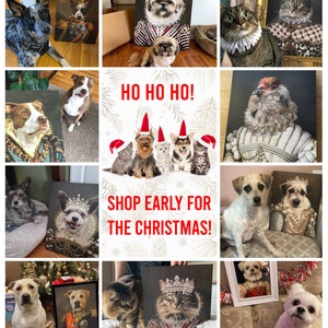 Pu&ograve; includere: Un collage di immagini con ritratti di animali domestici in vari stili, tra cui reale, storico e moderno. Le immagini sono disposte in una griglia con un messaggio festivo di vacanza al centro. Il messaggio dice "Ho Ho Ho! Shop Early for the Christmas!"