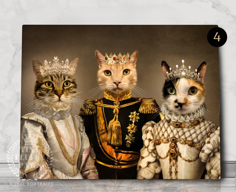 May include: Three cats dressed in royal attire. A tabby cat wearing a white and gold dress with a crown, a ginger cat wearing a black and gold military uniform with a crown, and a calico cat wearing a white and gold dress with a crown. The image has the number "4" in the top right corner.