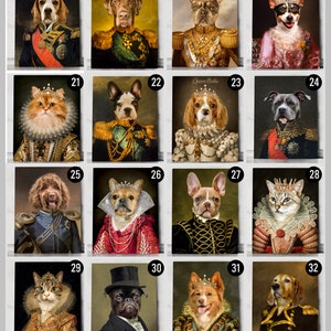 Pu&ograve; includere: Un collage di 16 immagini con vari animali domestici vestiti con abiti reali. Ogni immagine &egrave; incorniciata con un bordo dorato e include un numero da 17 a 32. Gli animali domestici indossano corone, collane e altri accessori reali. Alcuni degli animali domestici sono cani, mentre altri sono gatti.