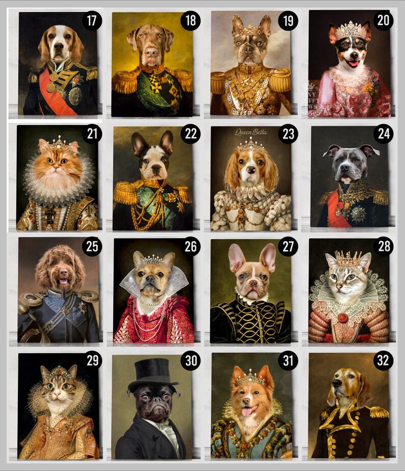 Pu&ograve; includere: Un collage di 16 immagini con vari animali domestici vestiti con abiti reali. Ogni immagine &egrave; incorniciata con un bordo dorato e include un numero da 17 a 32. Gli animali domestici indossano corone, collane e altri accessori reali. Alcuni degli animali domestici sono cani, mentre altri sono gatti.