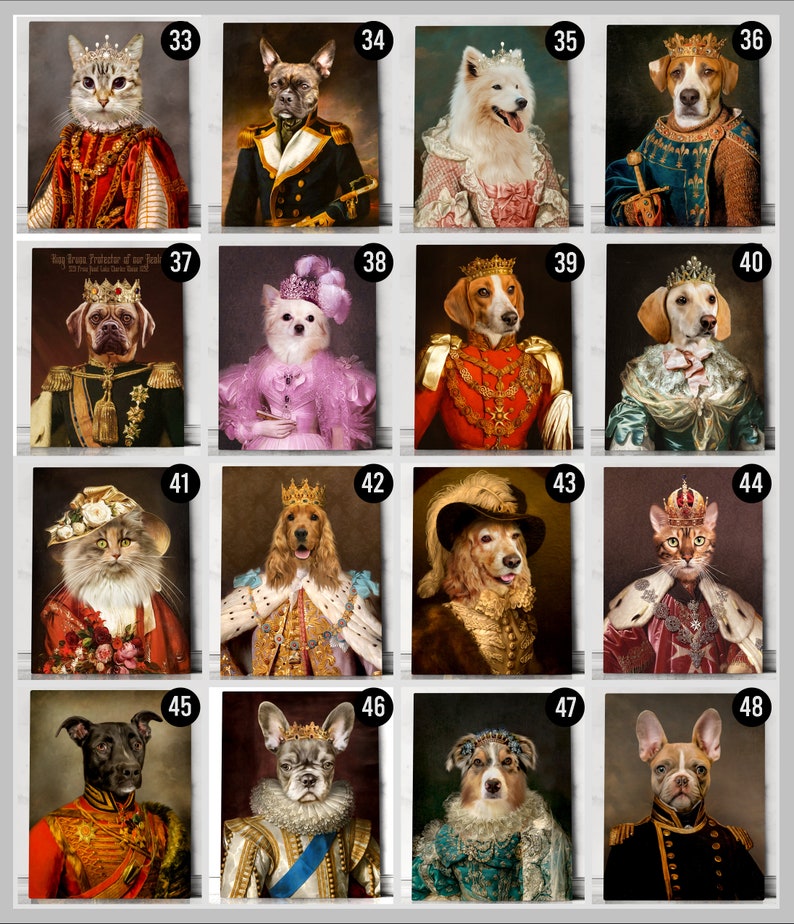 May include: A collage of 16 images featuring various pets dressed in royal attire. Each pet is wearing a crown and a regal outfit, including a cat in a red and gold robe, a dog in a blue and gold military uniform, and a dog in a pink dress. The images are arranged in a grid pattern.