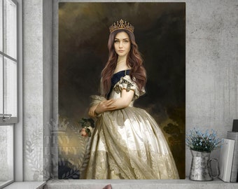 May include: A portrait of a person wearing a gold crown and a white and gold gown. The portrait has a vintage aesthetic, with the text "Tiny Fluffy Paws Royal Portraits" in the lower left corner.