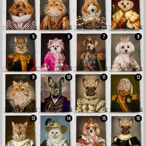 Pu&ograve; includere: Un collage di 16 immagini che mostrano vari animali domestici vestiti con abiti reali. Ogni immagine &egrave; numerata e presenta un animale diverso, tra cui gatti, cani e un coniglio, che indossano corone, gioielli e abiti elaborati.
