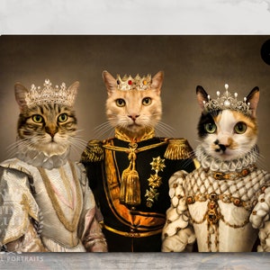 May include: Three cats dressed in royal attire. A tabby cat wearing a white and gold dress with a crown, a ginger cat wearing a black and gold military uniform with a crown, and a calico cat wearing a white and gold dress with a crown. The image has the number "4" in the top right corner.