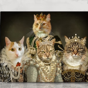 May include: A painting of four cats dressed in royal attire. The cats are wearing crowns, necklaces, and robes. The painting is set against a dark background.