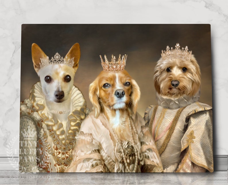 May include: Three dogs dressed in royal attire, wearing gold crowns and elaborate clothing. The dogs are a small white dog, a brown and white dog, and a light brown dog. The background is a muted brown color.