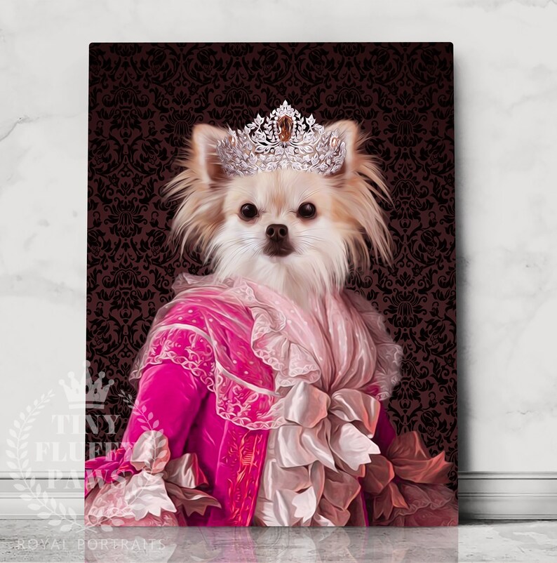 Pu&ograve; includere: Un chihuahua bianco che indossa un abito rosa e bianco con una corona in testa. Il cane &egrave; in posa su uno sfondo marrone scuro con un motivo damascato.