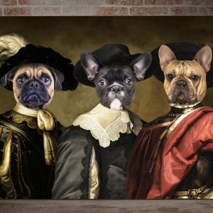 May include: Three dogs dressed in Renaissance-era clothing. A pug wearing a black hat with a feather, a French bulldog wearing a black hat with a lace collar, and a French bulldog wearing a red and gold outfit with a helmet.