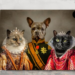 May include: A painting of three pets dressed in royal attire. A grey French bulldog is in the center, wearing a military uniform with gold trim and a red sash. A white and grey cat is on the left, wearing a gold crown and a gold and red robe. A black cat is on the right, wearing a black crown and a red and gold robe.