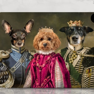 May include: A painting of three dogs dressed in royal attire. The dog in the center is a brown and white poodle wearing a red and white dress and a gold crown. The dog on the left is a black and brown miniature pinscher wearing a blue and gold military uniform. The dog on the right is a black and white terrier wearing a green and gold military uniform and a gold crown.