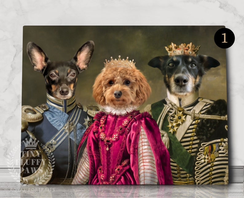 May include: A painting of three dogs dressed in royal attire. The dog in the center is a brown and white poodle wearing a red and white dress with a gold crown. The dog on the left is a black and brown miniature pinscher wearing a blue and gold military uniform. The dog on the right is a black and white terrier wearing a green and gold military uniform with a gold crown.