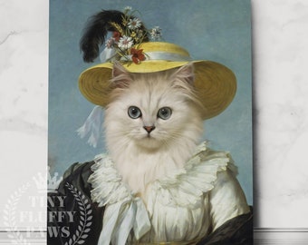 May include: A white cat with blue eyes wearing a yellow straw hat with flowers and a black feather. The cat is wearing a white dress with a lace collar and a black jacket.