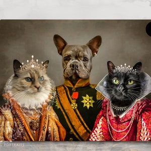 May include: A painting of three pets dressed in royal attire. A grey French bulldog is in the center, wearing a military uniform with gold trim and a red sash. A white and grey cat is on the left, wearing a gold crown and a gold and red robe. A black cat is on the right, wearing a black crown and a red and gold robe.