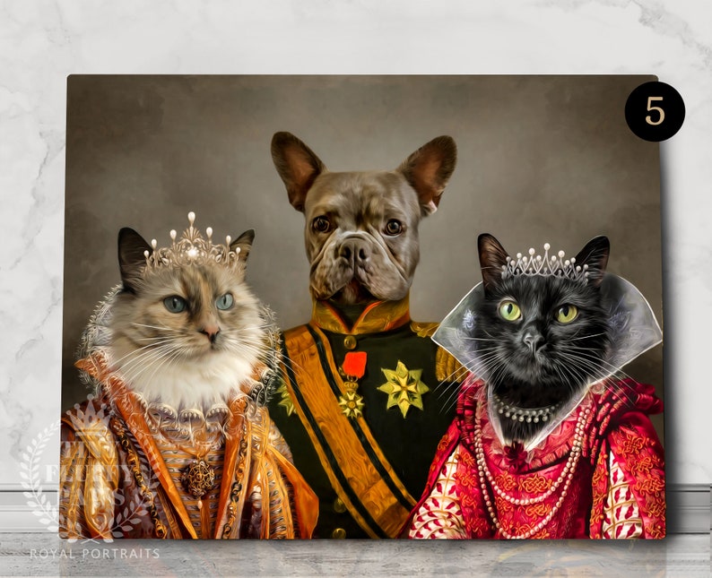 May include: A painting of three pets dressed in royal attire. A grey French bulldog is in the center, wearing a military uniform with gold trim and a red sash. A white and grey cat is on the left, wearing a gold crown and a gold and red robe. A black cat is on the right, wearing a black crown and a red and gold robe.