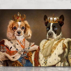 Custom Pet Portrait, Royal 2 Pets Portrait, Custom Multiple Pet Portrait Regal Father&#39;s day Funny Pet Gift, Dog Passed Away 2 King Queen Pet