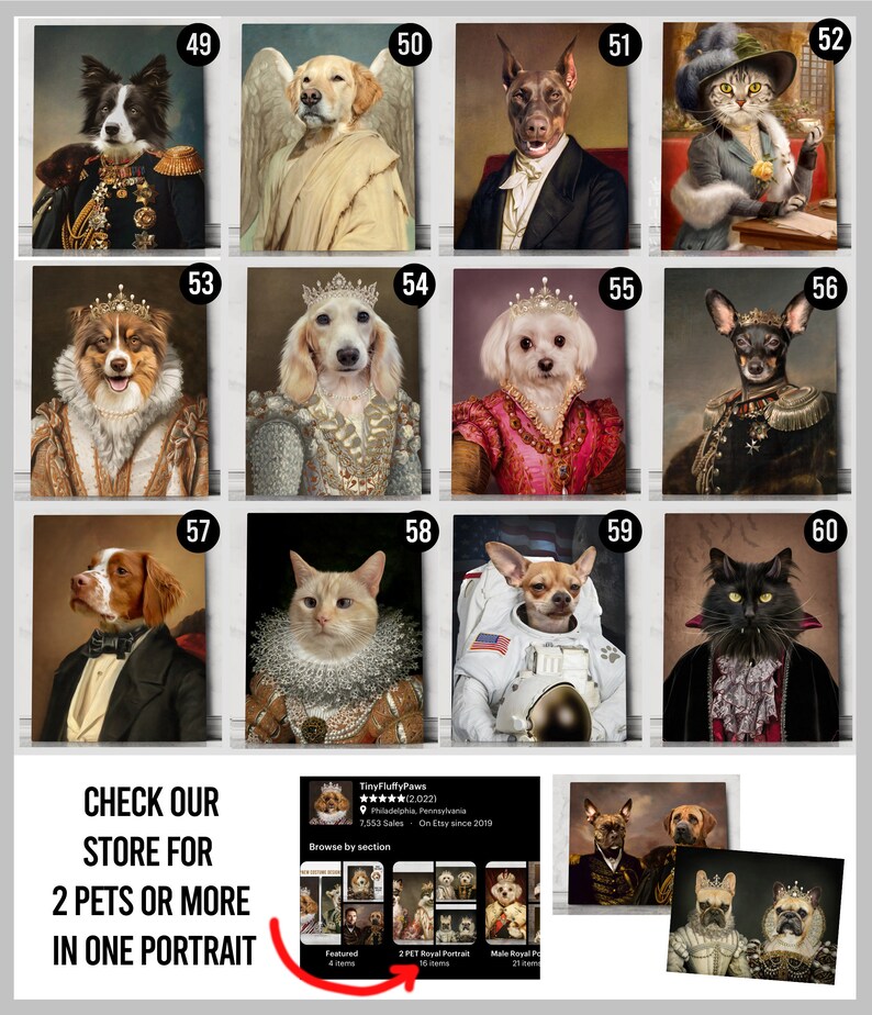 Pu&ograve; includere: Un collage di 12 immagini che mostrano vari animali domestici vestiti con abiti reali. Ogni immagine &egrave; incorniciata da un bordo bianco e numerata. Le immagini sono disposte in una griglia di quattro righe e tre colonne. Il testo "CHECK OUR STORE FOR 2 PETS OR MORE IN ONE PORTRAIT" &egrave; visualizzato sotto le immagini. Il testo "Tiny FluffyPaws" &egrave; visualizzato nell'angolo in basso a destra dell'immagine.