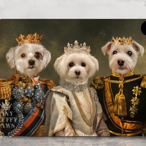 May include: Three white dogs wearing royal attire, including crowns and gold trim, are depicted in a painting. The dogs are posed in a regal manner, with the dog in the center wearing a white gown and the dogs on either side wearing gold and black uniforms.